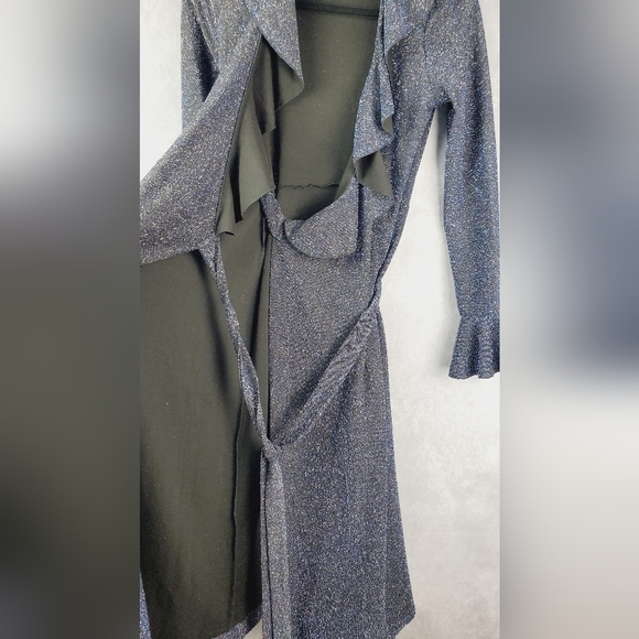 Free‎ People One more time Blue Black Shimmer Ruffle Fluence Midi wrap dress XS - Picture 8 of 13